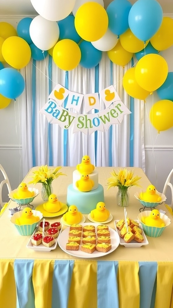 Duck-Themed Baby Shower Ideas A duck-themed baby shower setup with yellow and blue decorations, rubber ducks, and themed snacks.